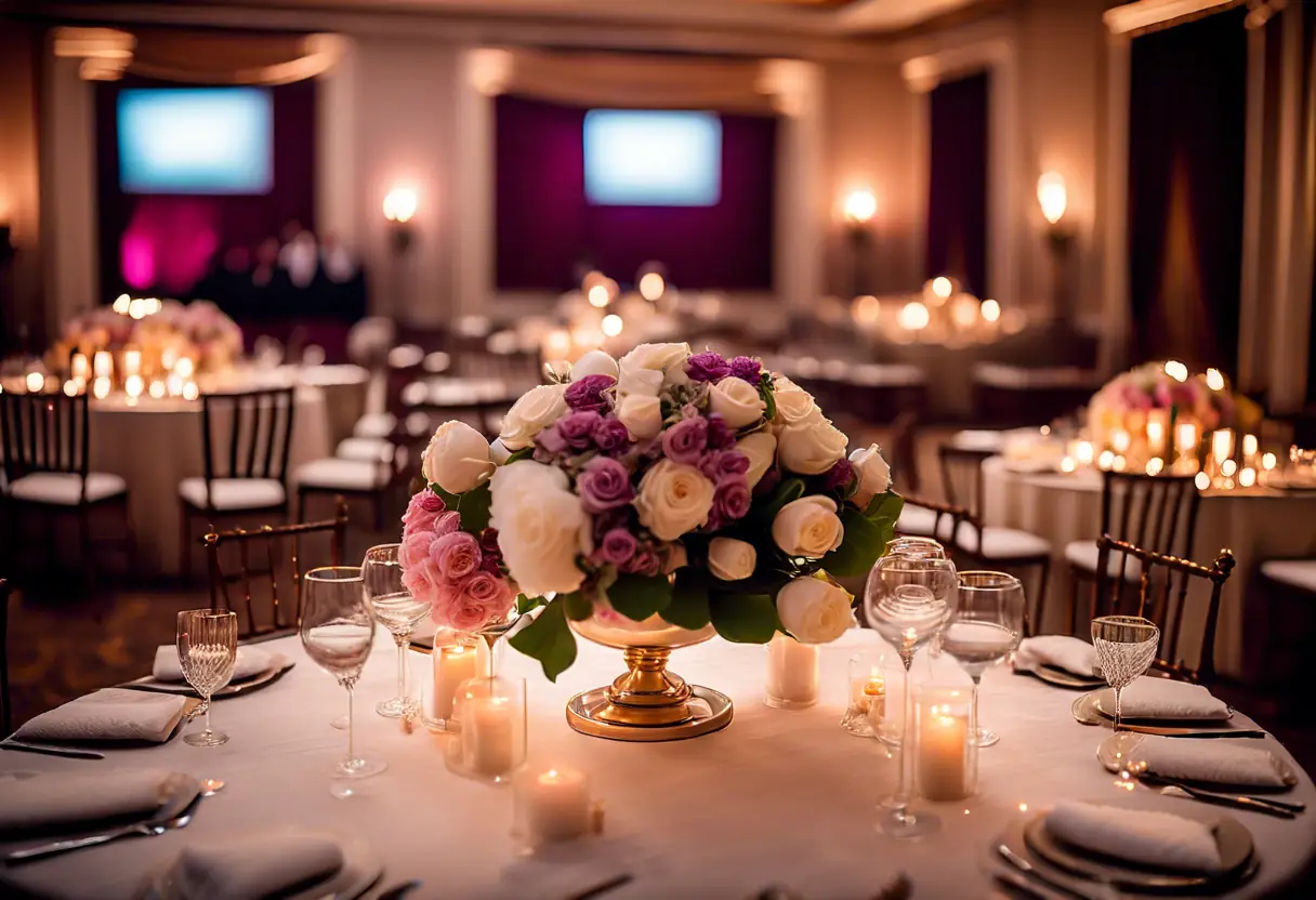 A beautifully decorated venue with floral arrangements and themed decor.