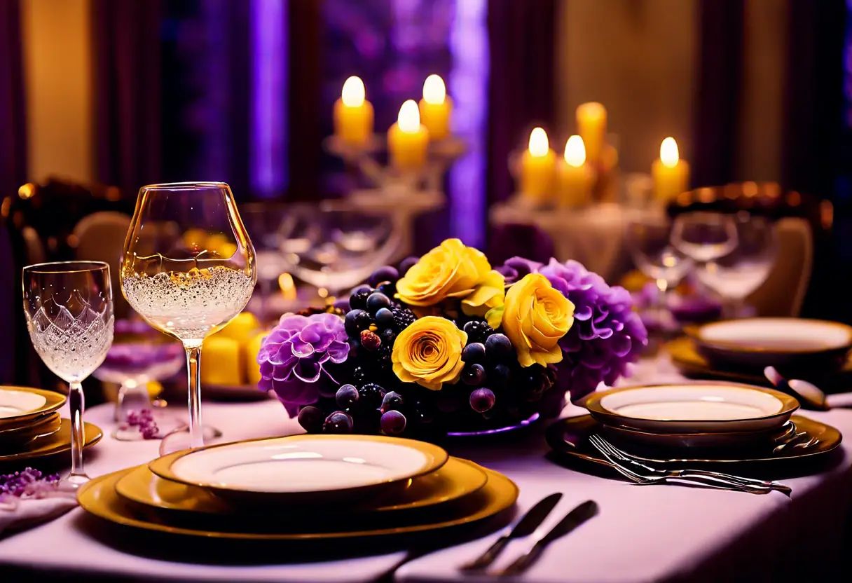 An elegantly set dining table with gourmet dishes and fine dining decor.