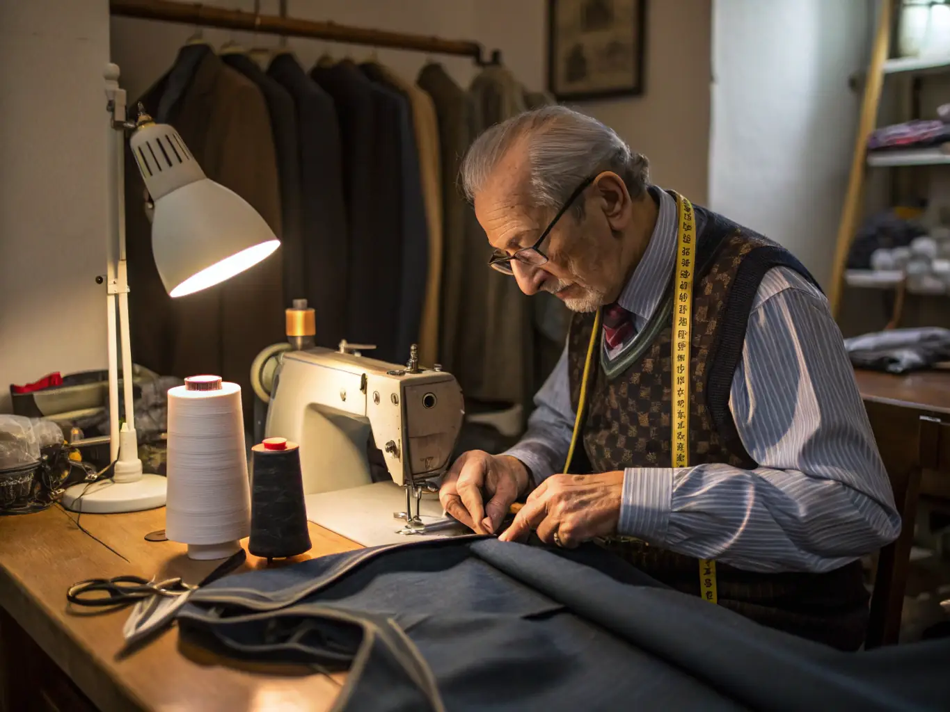 A tailor working on a garment in a workshop, focusing on the precision and detail of the alterations, representing the alterations and tailoring service.