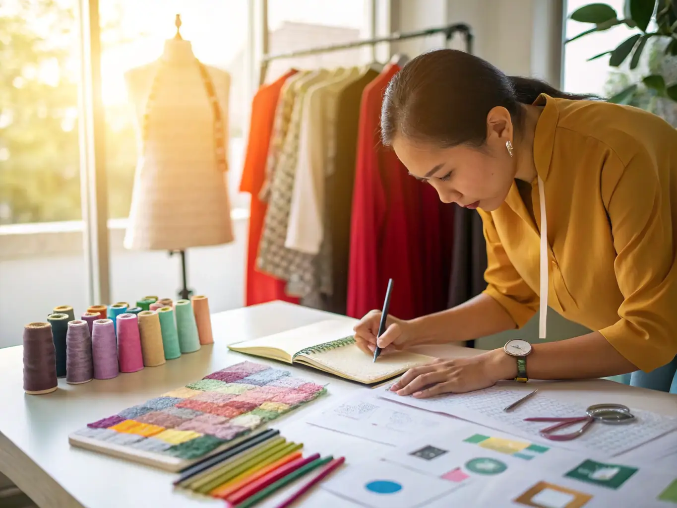 A fashion designer sketching a new dress design in a studio, surrounded by fabric samples and design tools, illustrating the bespoke design service.