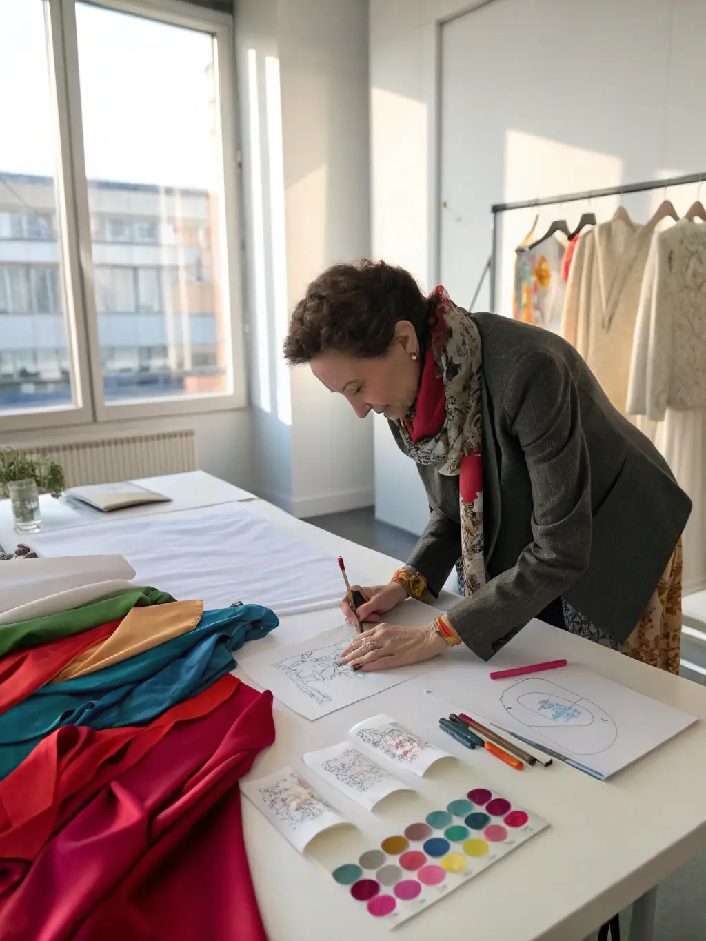 A fashion designer consulting with a client, discussing design ideas and taking measurements. The image should convey collaboration and personalized service.
