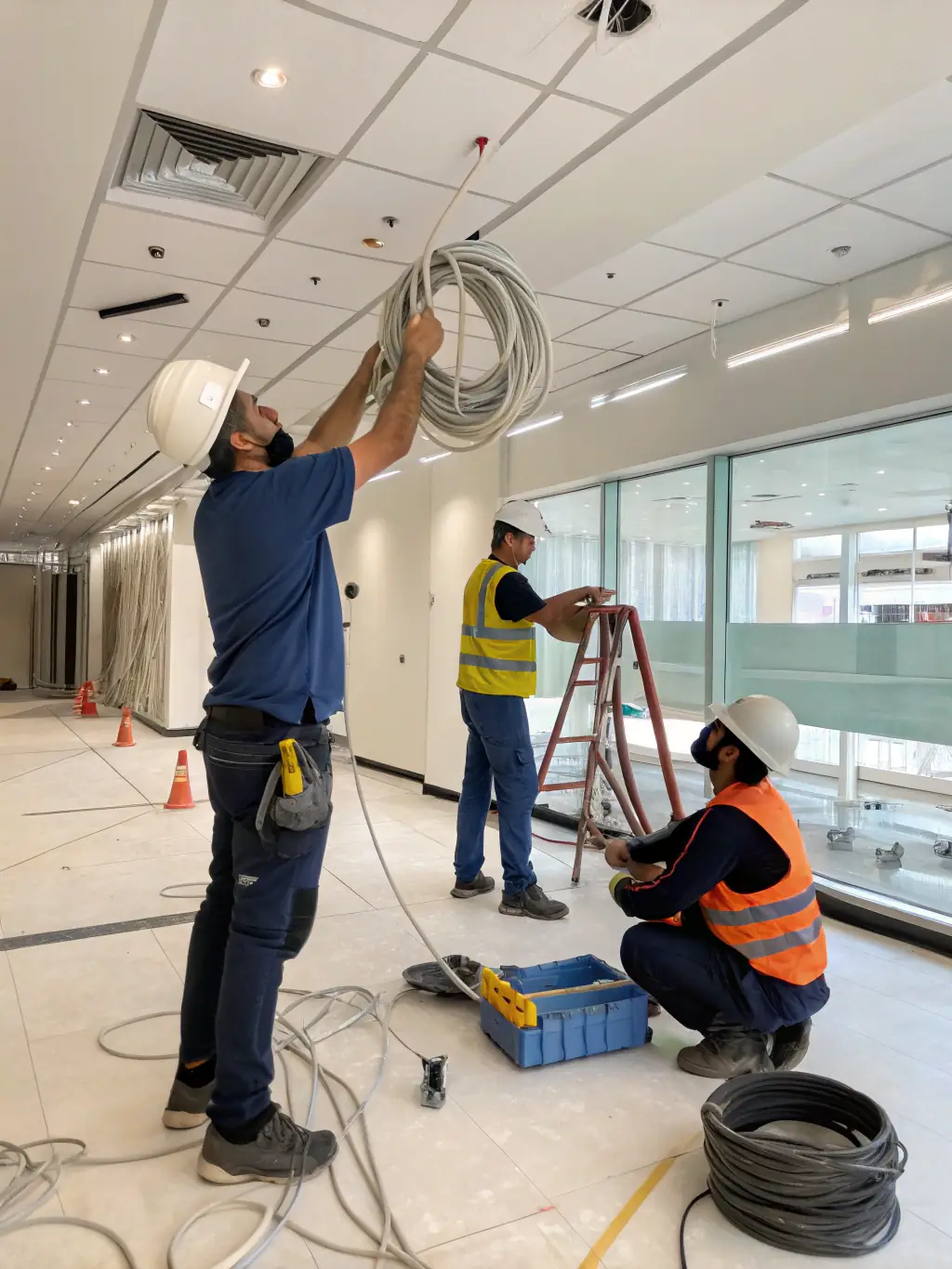 A high-quality photograph of Test Electrician's team installing new wiring in a modern home, showcasing their expertise and attention to detail.