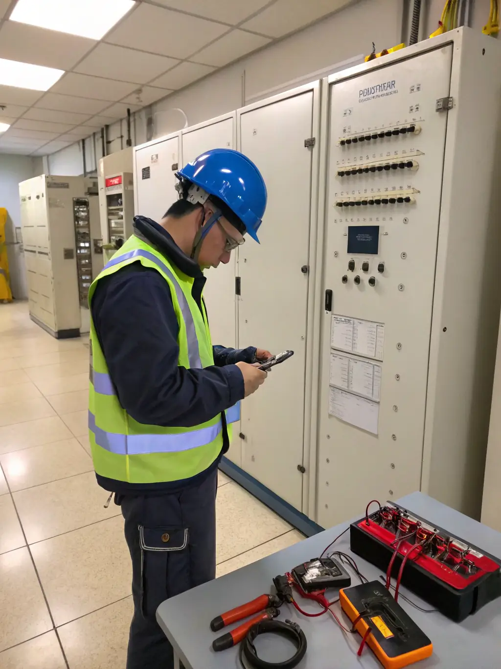 An image of Test Electrician performing routine electrical maintenance on industrial equipment, emphasizing their commitment to preventive care and system longevity.