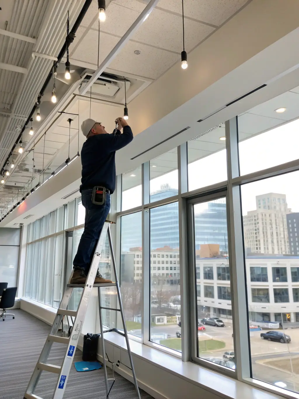 A picture of Test Electrician installing energy-efficient lighting solutions in an office space, demonstrating their focus on sustainability and cost savings.