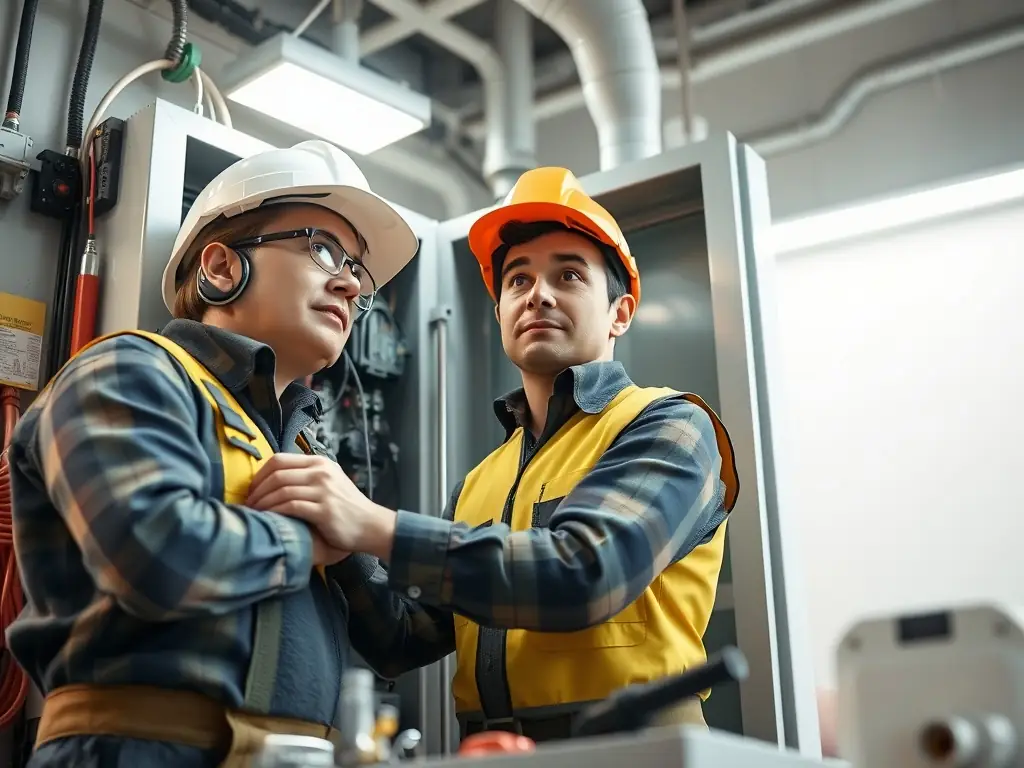 A Test Electrician technician repairing a faulty circuit breaker in a commercial building, emphasizing quick and effective solutions.