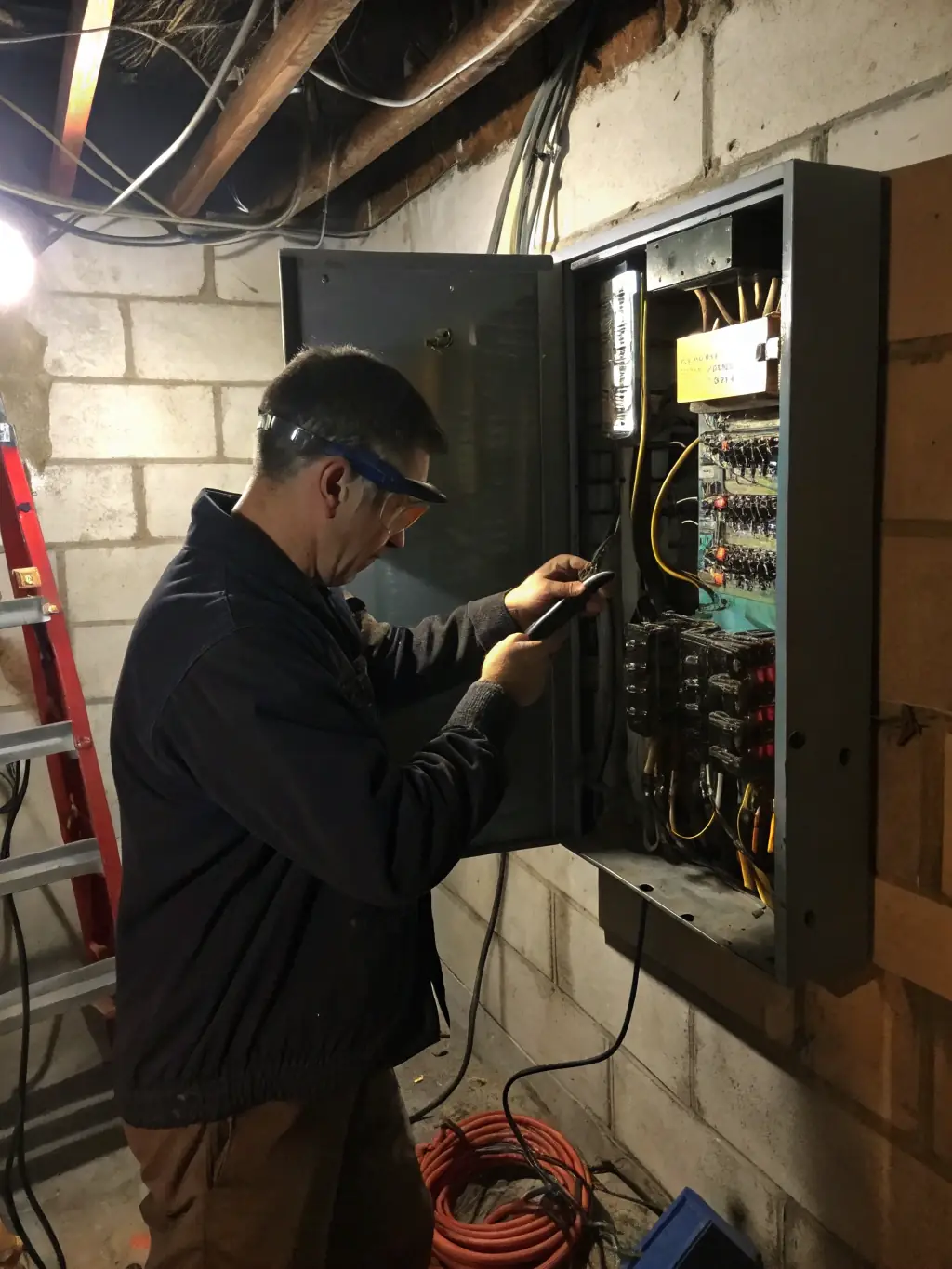 A professional electrician from Test Electrician repairing a faulty circuit breaker in a commercial building, highlighting their quick response and problem-solving skills.