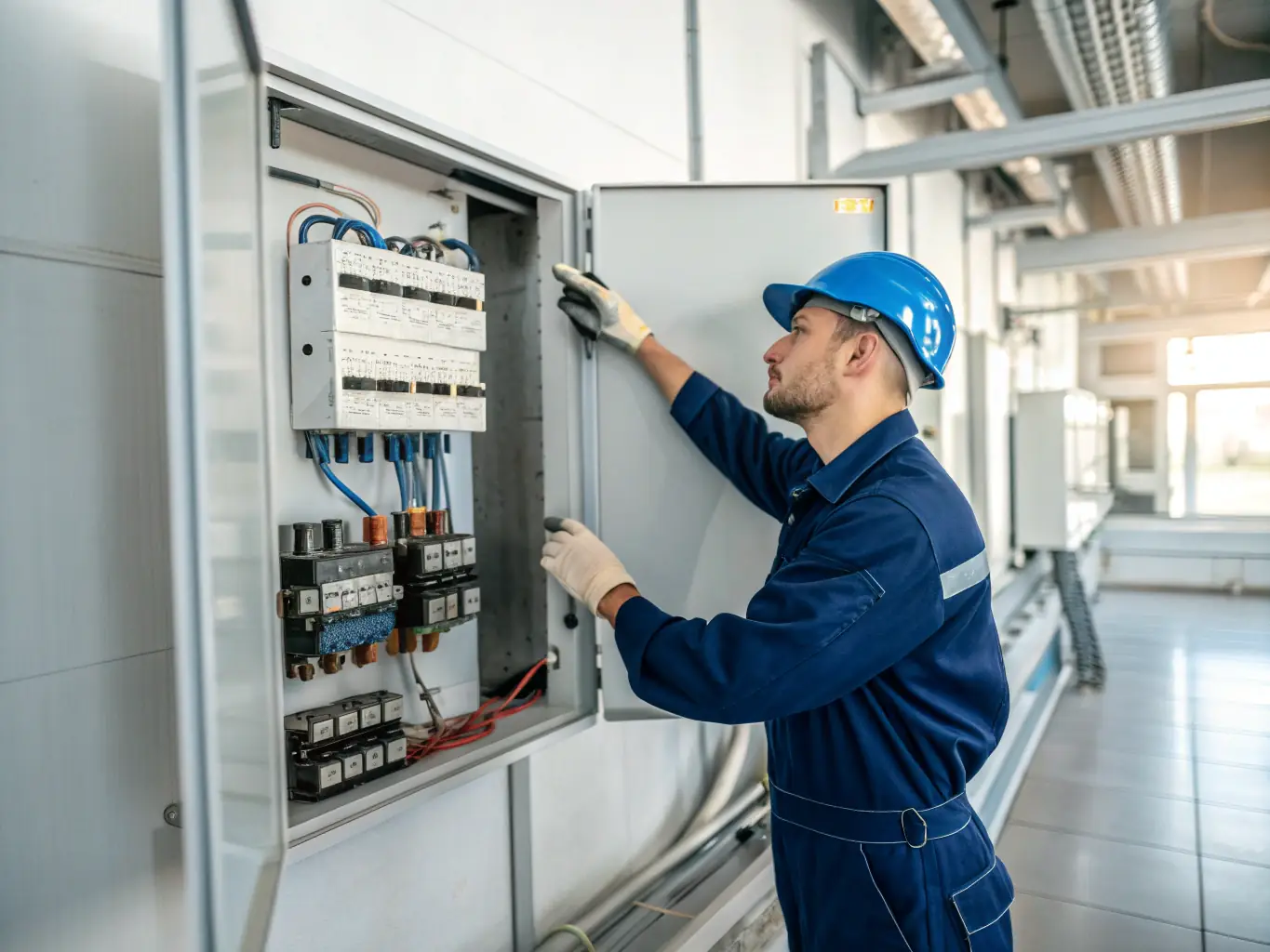 A Test Electrician technician performing routine maintenance on electrical panels in a commercial setting, highlighting preventive care.