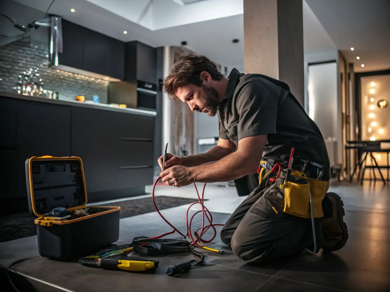 A Test Electrician technician installing new wiring in a residential home, focusing on safety and precision.
